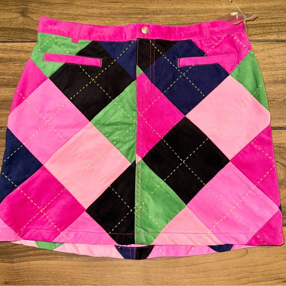 Lilly Pulitzer Corduroy Navy Blue,Pink and Green Argyle A Line Mini Skirt Sz 14